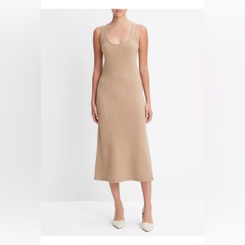 Vince Women’s Wool & Cashmere Ribbed Tank Dress Size Xs Tan Raw Edge Midi Dress